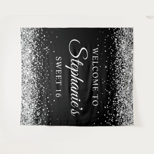 Silberner Glitzer und Schwarz Willkommen in Sweet  Wandteppich (Vorderseite (Horizontal))