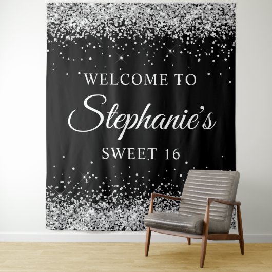 Silberner Glitzer und Schwarz Willkommen in Sweet Wandteppich (Beispiel)