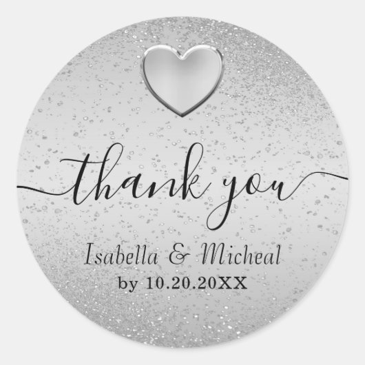 Silberner Glitzer und Silberherz - Vielen Dank Runder Aufkleber (Vorderseite)
