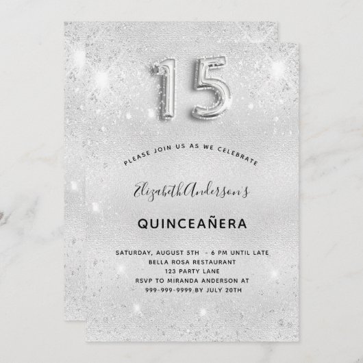 silberner Glitzer von Quinceanera Einladung (Vorne/Hinten)