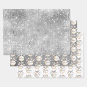 Silberner Glitzer-Weihnachtsschmuck mit hübscher S Geschenkpapier Set