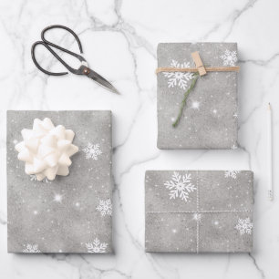Silberner Glitzer Weißstars und Schneeflocken Must Geschenkpapier Set