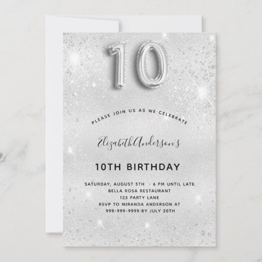 Silberner Glitzer zum 10. Einladung (Vorderseite)