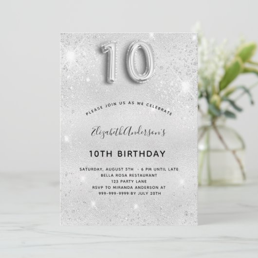 Silberner Glitzer zum 10. Einladung (Stehend Vorderseite)