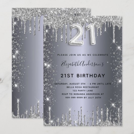 Silberner Glitzer zum 21. Einladung (Vorne/Hinten)