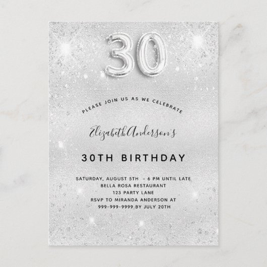 Silberner Glitzer zum 30. Geburtstag glamourös Einladungspostkarte (Vorderseite)