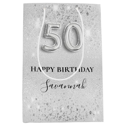 Silberner Glitzer zum 50. Mittlere Geschenktüte (Vorderseite)