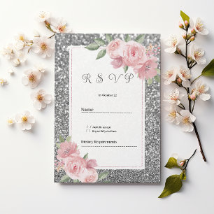 Silberner glitzernder Glitter rosa floral RSVP  Einladung