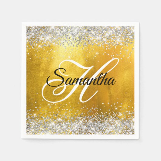 Silberner Glitzernder Goldfolie Fancy Monogramm Serviette (Vorderseite)