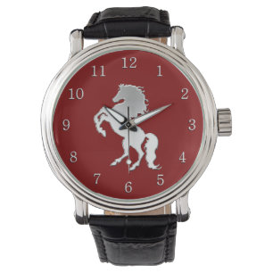 Silberner Hengst auf Rot Armbanduhr