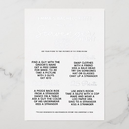Silberner Junggeselinnen-Abschied Scavenger Jagdsp Folieneinladung (Vorderseite)