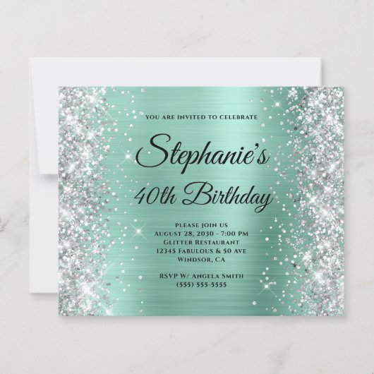 Silberner Licht Teal Glam Monogramm 40. Geburtstag (Vorderseite)
