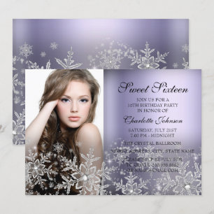 Silberner Lila Glanz Schneeflocke Foto Sweet 16 Einladung