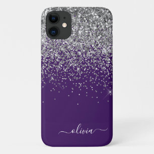 Silberner Lila Glitter Mädchen Monogramm Name Case-Mate iPhone Hülle