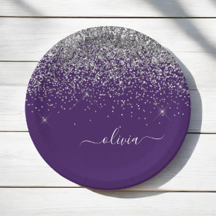 Silberner Lila Glitter Mädchen Monogramm Name Pappteller