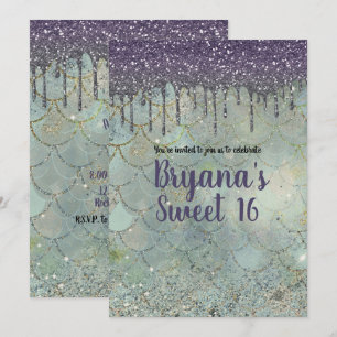 Silberner Lila Glitter-Tropfen Meerjungfrau Sweet Einladung
