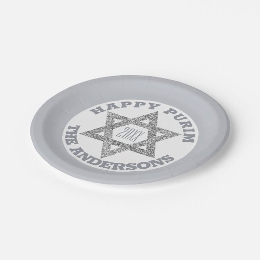 Silberner Magen- Davidstern glückliches Purim Pappteller (Schrägansicht)