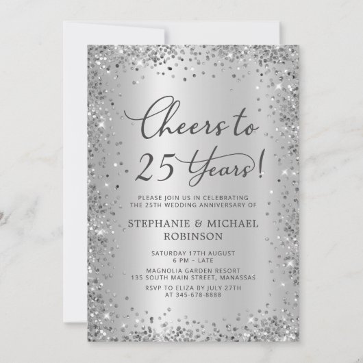 Silberner Metallic Glitter 25. Hochzeitstag Einladung (Vorderseite)