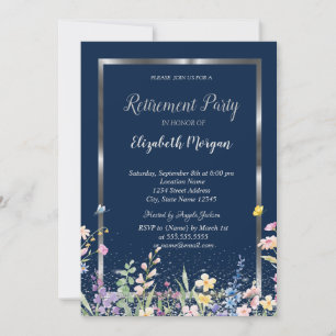 Silberner Rahmen Wilde Blumen Navy Blau Ruhestand Einladung