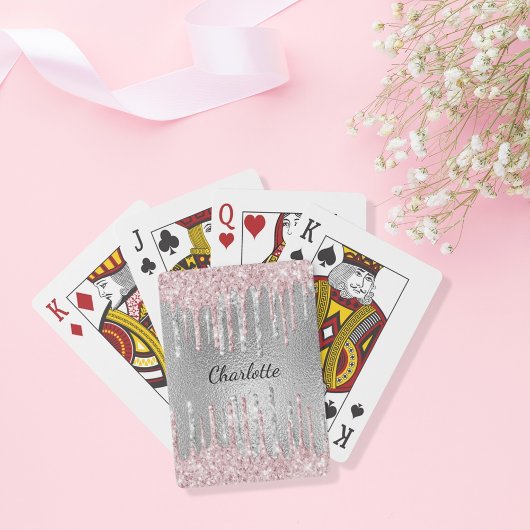 Silberner rosa Glitter-Tropfen-Monogramm-Name Spielkarten