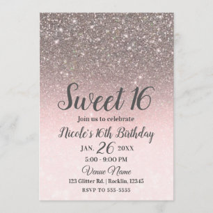 Silberner & rosafarbener Glitter Glam Sweet 16 Einladung