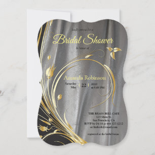 Silberner Satin & Goldene Blumen Hochzeitsshower Einladung