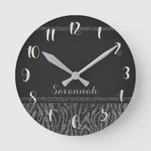 Silberner Schwarz Zebra Druck Glam Pailletten Runde Wanduhr