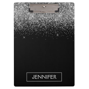 Silberner schwarzer Glitter Mädchen Monogramm Name Klemmbrett