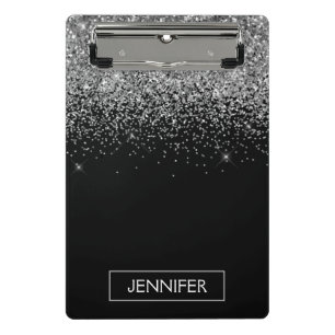 Silberner schwarzer Glitter-Mädchen-Monogramm-Name Mini Klemmbrett