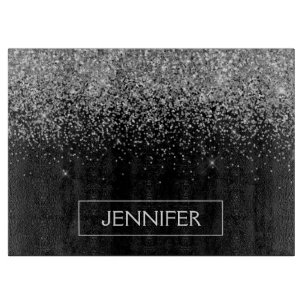 Silberner schwarzer Glitter-Mädchen-Monogramm-Name Schneidebrett
