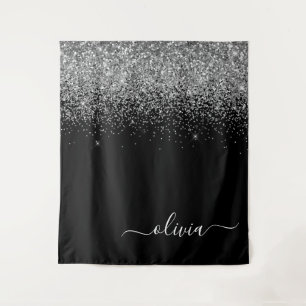 Silberner schwarzer Glitter-Schriftzug-Monogramm-M Wandteppich
