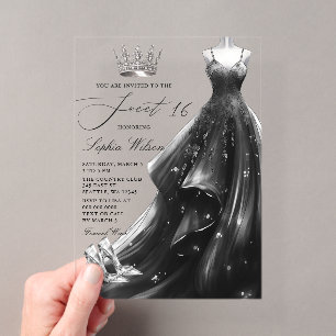 Silberner schwarzer Kleid Prinzessin Sweet 16 Acryleinladungen