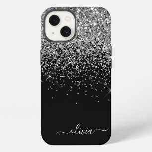 Silberner schwarzer Mädchen Glitter Funkeln Monogr iPhone 13 Hülle
