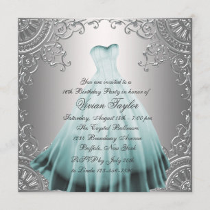 Silberner Teal Blau Sweet Sixteen Geburtstagsfeier Einladung