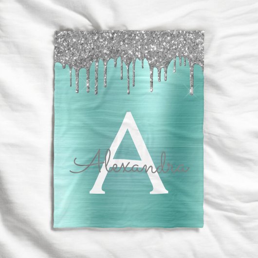 Silberner Teal Glitter gebürstetes Metall Monogram Fleecedecke