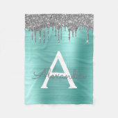 Silberner Teal Glitter gebürstetes Metall Monogram Fleecedecke (Vorderseite)
