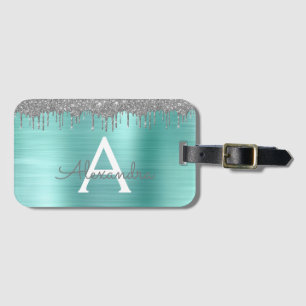 Silberner Teal Glitter Gebürstetes Metall Monogram Gepäckanhänger