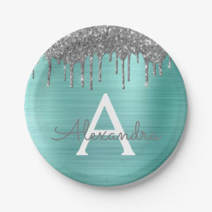 Silberner Teal Glitter Gebürstetes Metall Monogram Pappteller