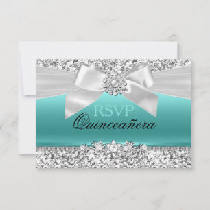 Silberner Teal Glitter & Juwel-Bogen Quinceanera R RSVP Karte