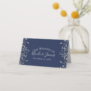 Silberner und blauer botanischer moderner Hochzeit Platzkarte