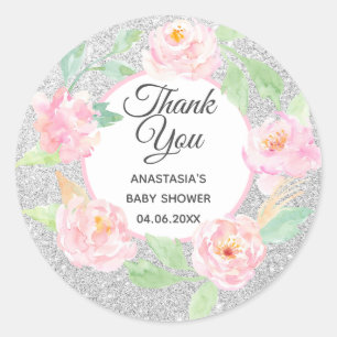 Silberner und rosa floraler Kranz Danke Baby Showe Runder Aufkleber