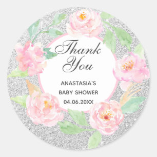 Silberner und rosa floraler Kranz Dankeschön Baby Runder Aufkleber