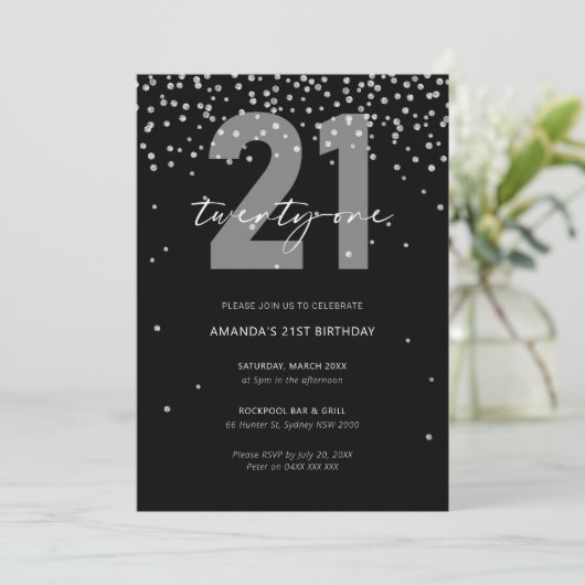 Silberner und schwarzer Glitzer funkeln am 21. Geb Einladung (Stehend Vorderseite)