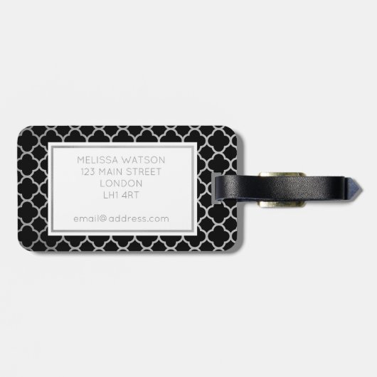 Silberner und schwarzer quatrefoil Gepäckanhänger (Rückseite horizontal)