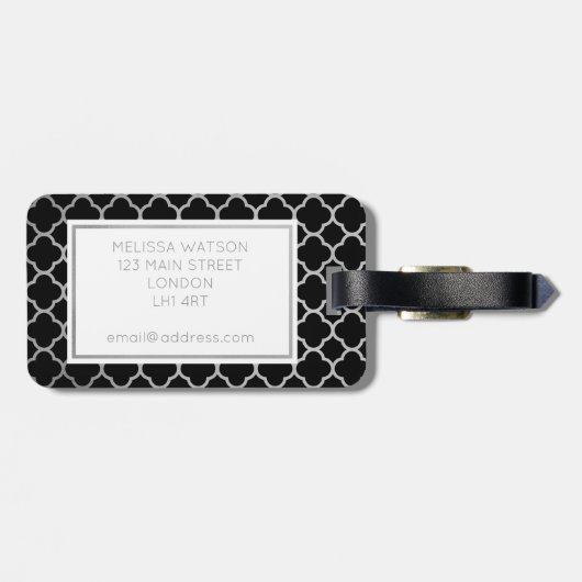 Silberner und schwarzer quatrefoil Gepäckanhänger (Rückseite horizontal)