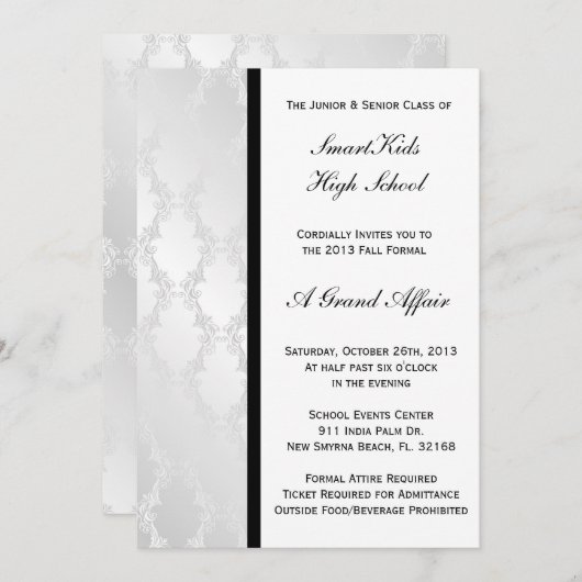 Silberner und weißer Damast-Schulabschlussball Einladung (Vorne/Hinten)
