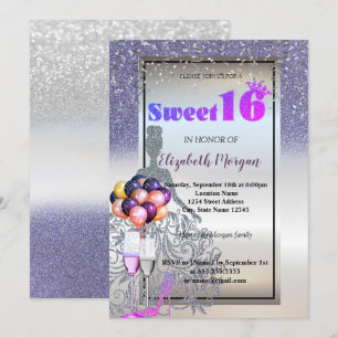 Silberner Veilchen Glitter Kleid, Glas Sweet 16 Pa Einladung
