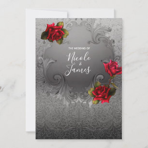 Silberner verzierter Vintage-Fancy-Rot-Rosen-Hochz Einladung
