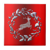 Silberner Weihnachtskranz und Rentier Fliese (Vorderseite)