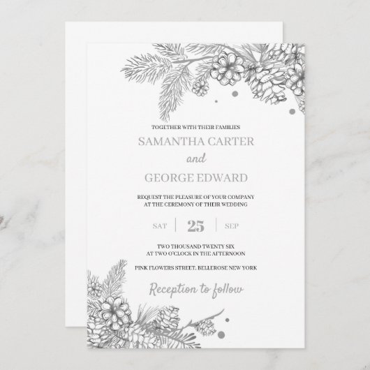 Silberner Winterkiefer und Zapfen moderne Hochzeit Einladung (Vorne/Hinten)